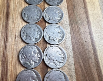Lot of 10 Buffalo Nickels, Vintage Indian Head Coins, Americana Western Decor