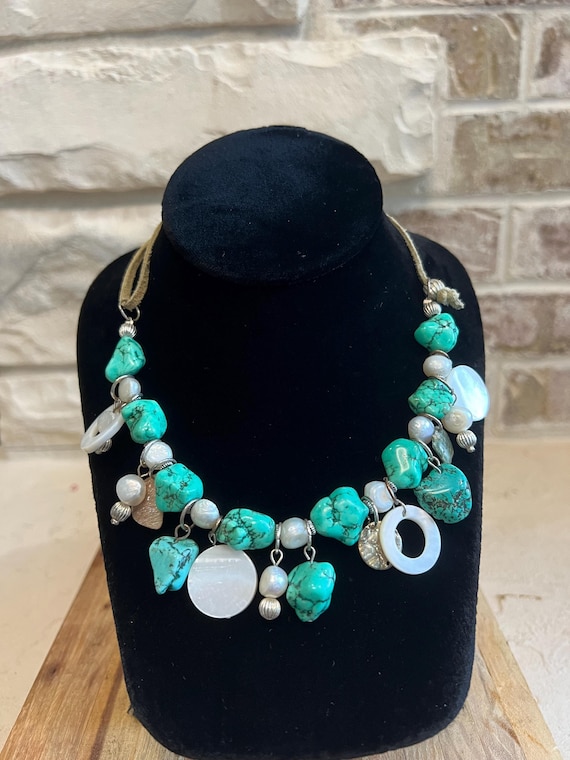 Boho Turquoise Statement Necklace: Mother of Pear… - image 1