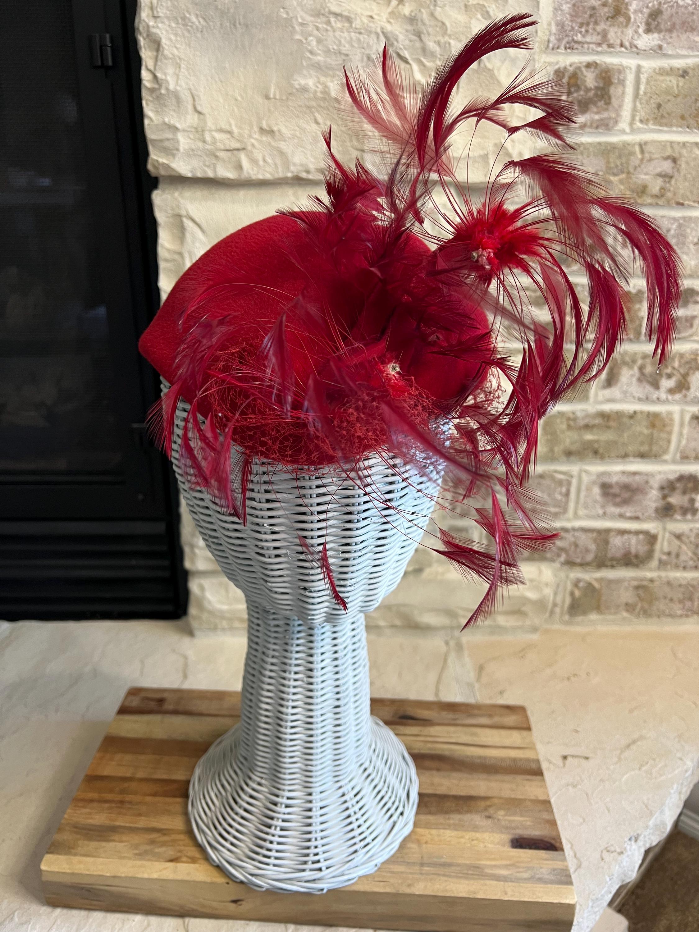 Vintage 50s Red Straw Hat by Sylvia Veil Feather Trim Kentucky Derby Fascinator Oooooo we do love a bit of vintage ! 20s beaded detail , 50s  main image 4