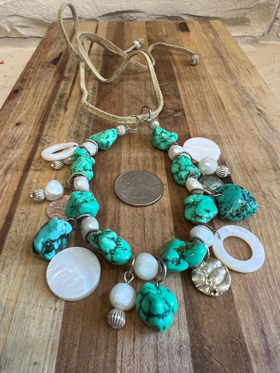 Boho Turquoise Statement Necklace: Mother of Pear… - image 10