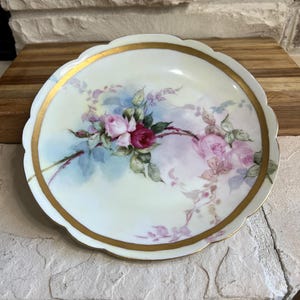 Antique Limoges Plate Signed M. Mueller, 1909 - Hand-Painted French Porcelain with Roses & Gold Rim
