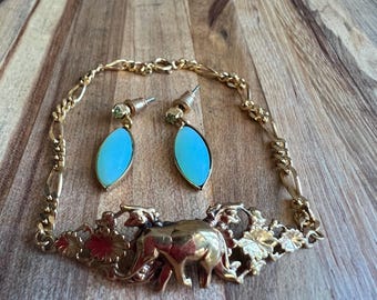Vintage Elephant Floral Bracelet, Turquoise Marquise Earrings Set, Gold Tone Boho Jewelry