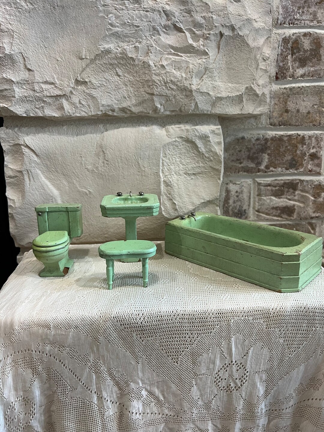 Antique Wood Doll House Furniture Bathroom Set Four Piece Etsy