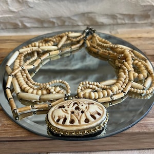 Vintage Carved Bone Elephant Pendant Chunky Necklace