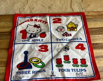 Vintage 1976 Hello Kitty Sanrio Cloth | Made in Japan Educational Counting Handkerchief | Retro Hello Kitty Collectible | Sanrio Fabric