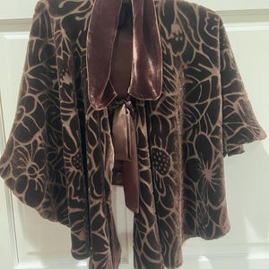 Vintage-Inspired Burnout Velvet Capelet | Brown Floral Silk Rayon Shawl with Satin Lining | Romantic Boho Art Deco Wrap