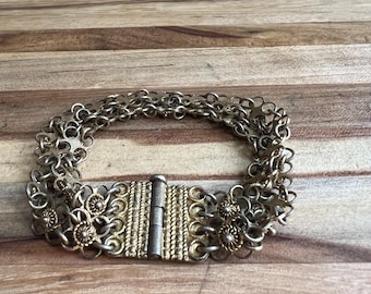 Vintage Gold Tone Filigree Flower Bracelet, Mid Century Floral Link Jewelry