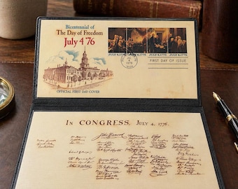 1976 Bicentennial First Day Cover Display, Declaration of Independence, July 4th Stamp Set