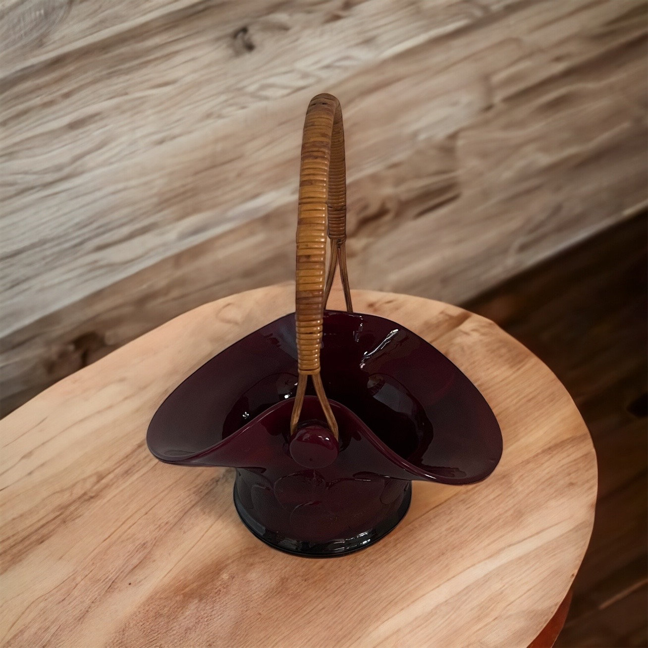 Fenton Red Glass Basket With Wicker Handle Vintage in Excellent