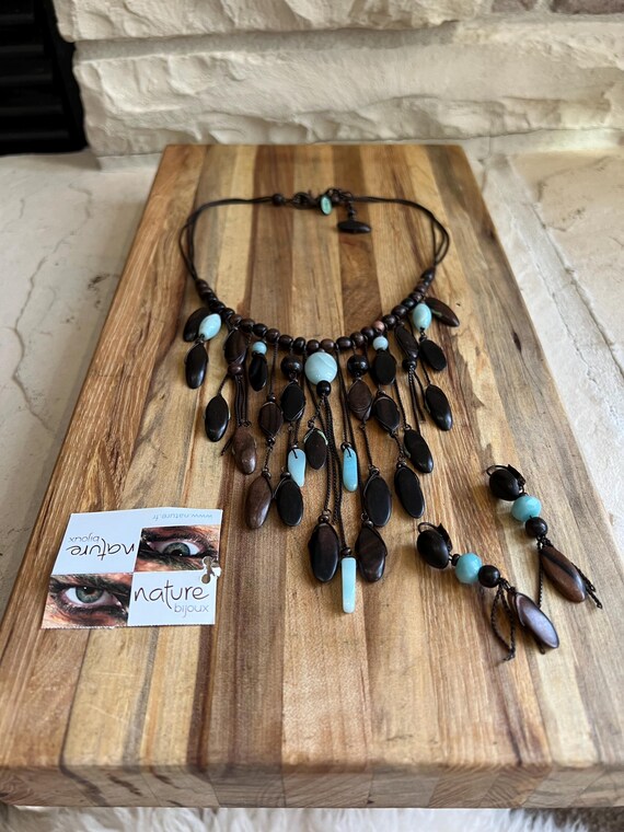 Nature Bijoux Wood Turquoise Fringe Statement Necklace Earrings Set