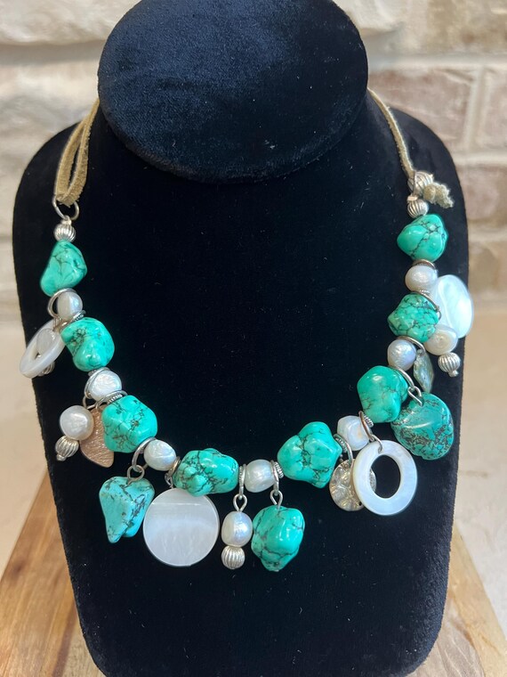 Boho Turquoise Statement Necklace: Mother of Pear… - image 3
