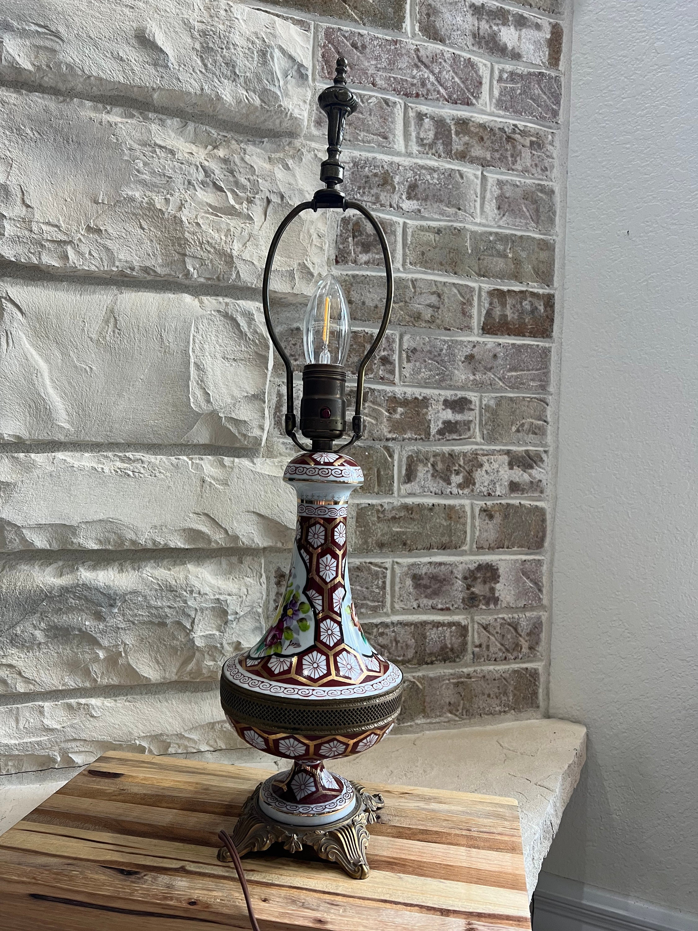 Vintage Japanese Table Lamp: Burgundy Floral Art Lamp Signed Jere