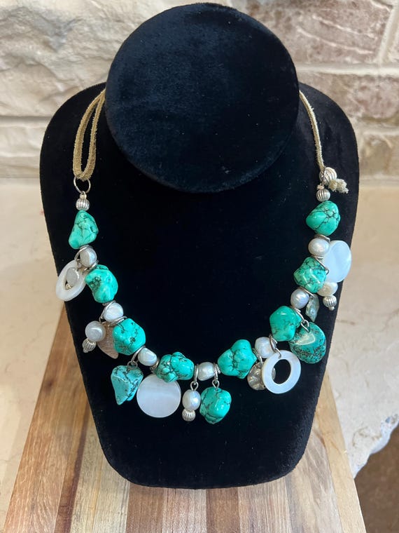Boho Turquoise Statement Necklace: Mother of Pear… - image 4