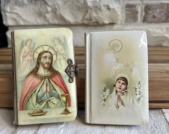 Vintage Catholic Celluloid Prayer Books - First Communion Missals with Jesus & Child Imagery