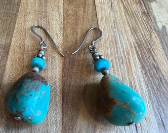 Vintage Turquoise Nugget Dangle Earrings, Southwestern Boho Sterling Silver Hooks