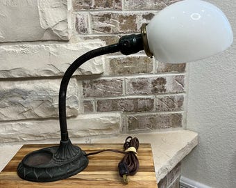 Vintage Industrial Gooseneck Desk Lamp: Art Deco Cast Iron ADLAKE No. 27