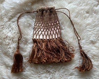 Antique Crochet Drawstring Purse: Edwardian Reticule with Fringe Tassels, Pink Satin Lined