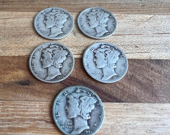 Vintage Mercury Dimes Lot – 90% Silver US Coins (1936-1945)