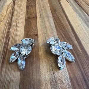 Vintage Rhinestone Clip-On Earrings - Sparkling Crystal Bridal Jewelry, Mid-Century Silver-Tone Statement Earrings ~ 1.25&quot; long