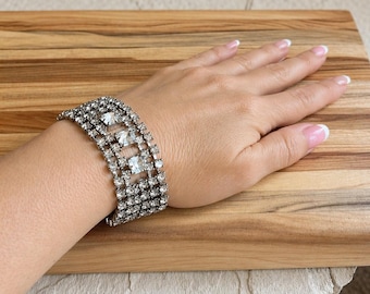 Vintage Rhinestone Wide Cuff Bracelet, Old Hollywood Glamour, Statement Sparkle Jewelry