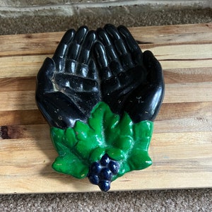 Vintage Cast Iron Open Hands ~ Painted grape leaves hand dish for Home Decor ~ Unique Trinket Holder