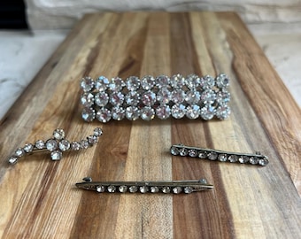 Vintage Rhinestone Brooch Bar Pin Lot, Crystal Hair Barrette, 1950s Bridal Jewelry