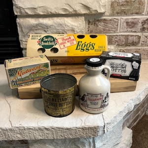 Vintage Country Kitchen Decor Lot - Old Reliable Peanut Butter Tin, Retro Egg Carton, Creamery Butter Boxes & Maple Syrup Jug