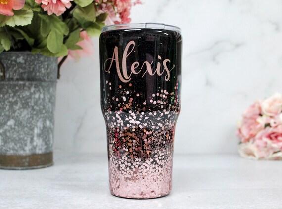 Black and Rose Gold Glitter Tumbler, Sparkly Travel Mug Gift For Ladies, Personlized Sparkly Glitter Cup For Mothers Day Black and rose gold | Wishful Thinking in 2019 | Adidas