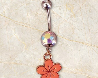 Moonstone Cosmetix sakura peach blossom with rainbow gemstone navel ring | 14g cherry blossom belly ring