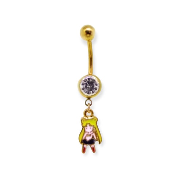 Moonstone Cosmetix Sailor Moon inspired belly ring | 14g Navel piercing | Gold barbell with clear gem | Cute body jewelry | Unique