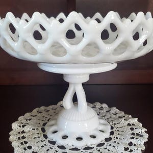 Westmoreland White Milk Glass Lattice Edge Pedestal Bowl 6.75&quot; Tall 10&quot; Diameter VTG
