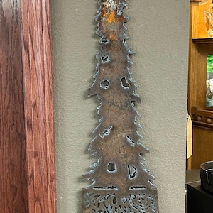 Hand cut tree & feather saws ~~ recycled metal wall art~vintage, rustic, unique, up