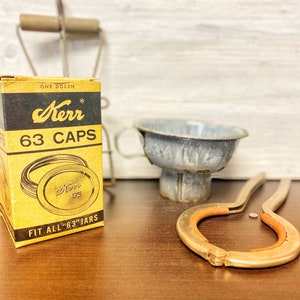 Vintage Canning Utensil Set: jar lifter, wrench, funnel & new lids