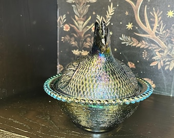 Vtg 1976 Bicentennial Blue Indiana Glass Hen on Nest