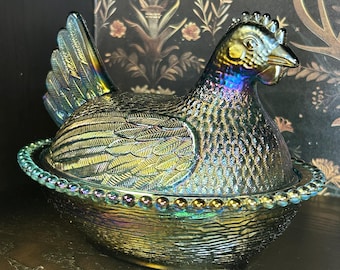 VTG irisierendes Blau Indiana Glas Huhn auf Nest