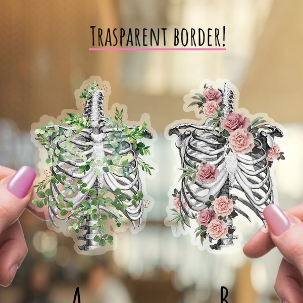 Ribcage vintage roses,ribs,stickers,vinyl stickers, Human anatomy skeleton, scienze student gift,medical students,matt stickers
