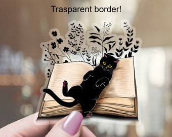 Black Cat Reading Book Sticker, Waterproof Laptop Tablet Decal