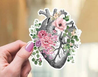 Fleurs printanières, coeur humain, rose rose, anatomie humaine, autocollants en vinyle, autocollants en sciences, étudiants en médecine, aquarelle, autocollants mats