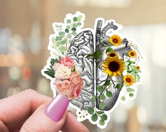 Floral Brain and Heart Vinyl Sticker, Human Anatomy Art