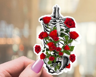 Ribcage red roses stickers, ribs,vinyl stickers,Human anatomy skeleton,science stickers,  student gift,anatomy students,matt stickers