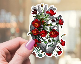 Spring floral Human heart red flowers,vinyl stickers,science stickers, scienze student gift,medical students,watercolor art, matt