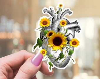Sunflower Human Heart Sticker, Watercolor Anatomy Art