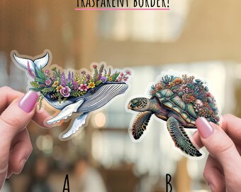 Floral whale sticker, sea turtle, save ocean, marine animals,  Vinyl Sticker Water Resistant, Laptop Sticker, Water Bottle Sticker