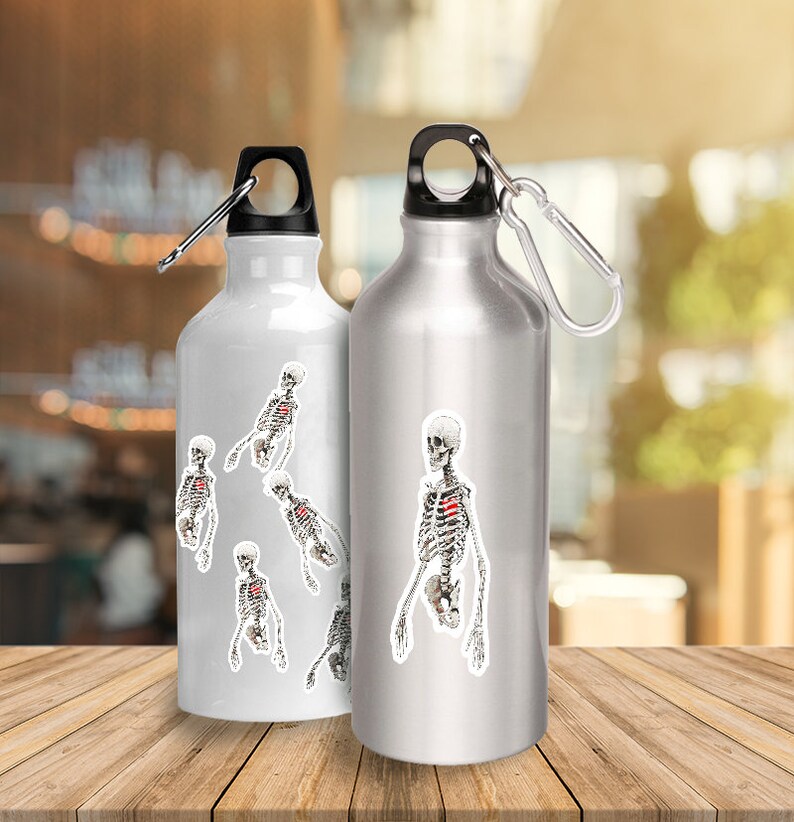 Peut inclure: Deux bouteilles d'eau argent&eacute;es avec un motif de squelette. La bouteille de gauche a plusieurs squelettes, tandis que la bouteille de droite a un grand squelette.