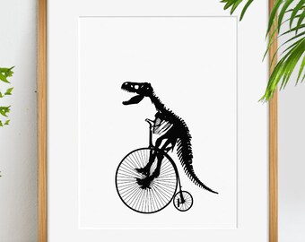 Dinosaur on Bike Art Print, T-Rex Skeleton, Funny Kids Room Decor (Digital Download)