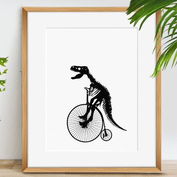 dinosaur on bike art decor, Digital Download, original painting, Poster Printable  Art, t-rex fun #04