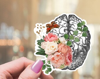 Floral Anatomical Brain Sticker, Pink Roses, Science Gift