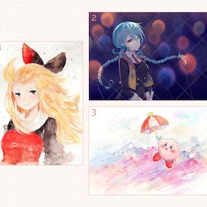 May include: Watercolor illustrations of anime-style characters. One features a blonde character with a red bow, another a blue-haired character, and the last a pink character with an umbrella.