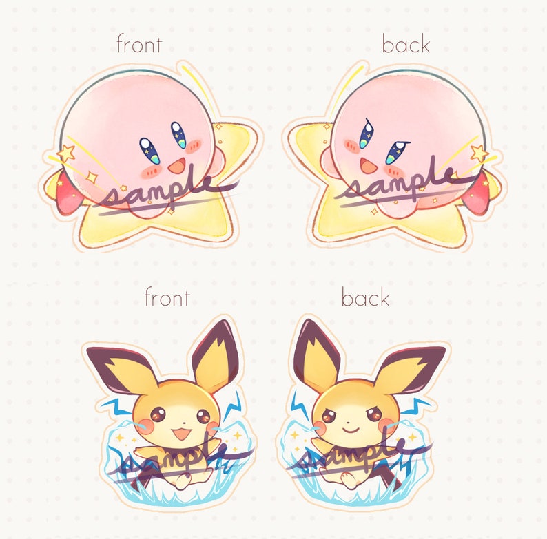 May include: Two sets of cartoon character stickers. The first set features a pink character with a star, and the second set features a yellow character with lightning bolts. Both sets have the word "sample" written on them.