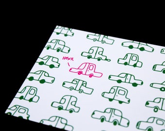 Traffic Jam Postcard. Green Postcard. Cute Snail Mail. Friendly Card. Illustrated Greeting Card. Honk Message Card.